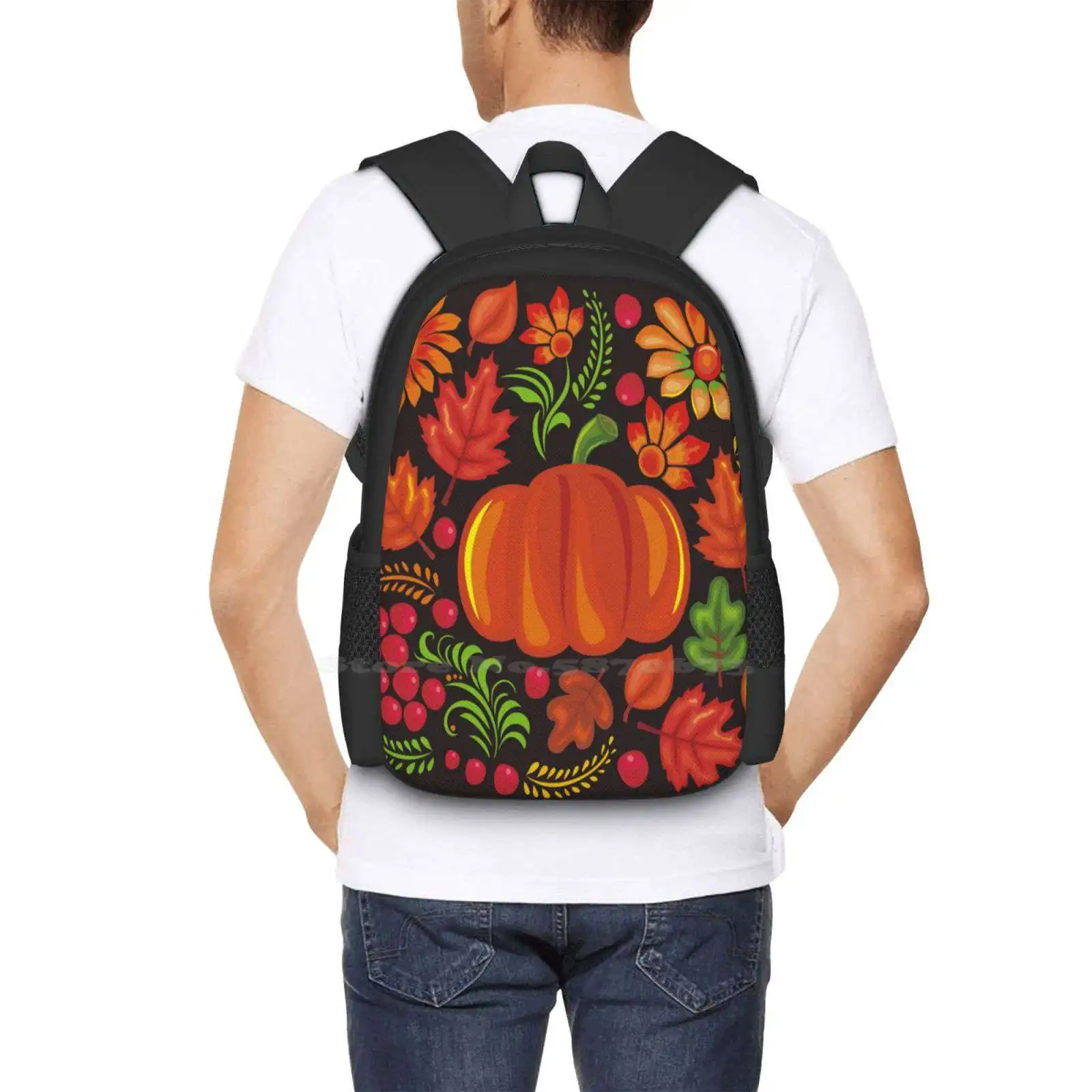 Pompoen Met Bloemen In Oekraïense Stijl Grote Capaciteit Schoolrugzak Laptop Tassen Anastasiia Ku Schattige Halloween Pompoen