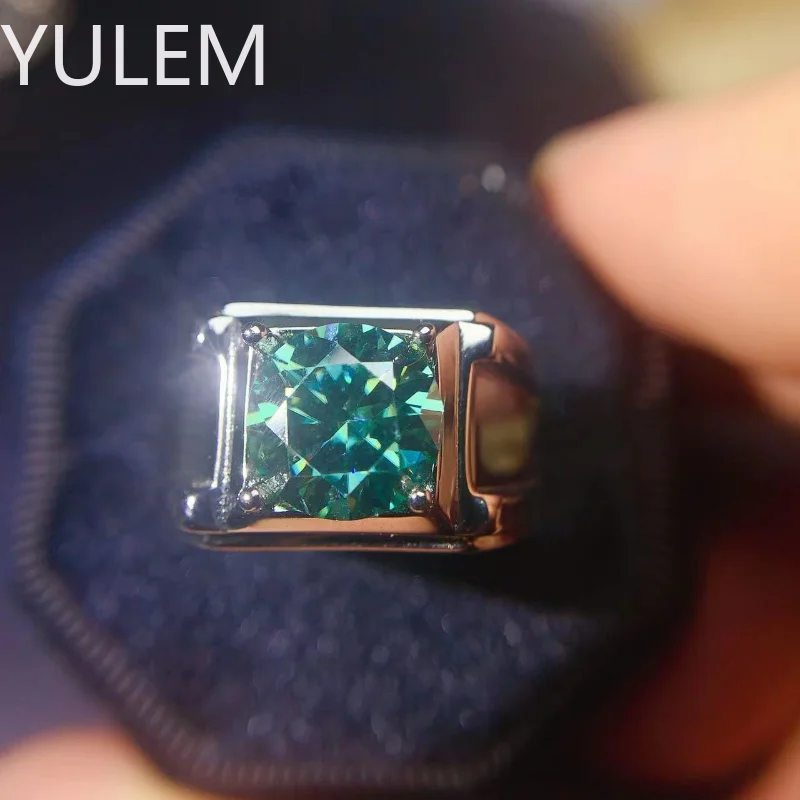 YULEM 925 Sterling Silver Large Green Moissanite Rings Main Stone 9mm 3 Carats Luxury Moissanite Jewwelry