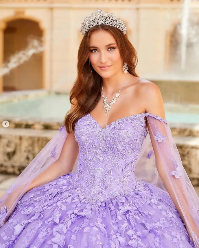 فساتين أميرة الخزامى قبالة الكتف Quinceanera مع الرأس ، فراشة الزهور زين ، الحلو 15