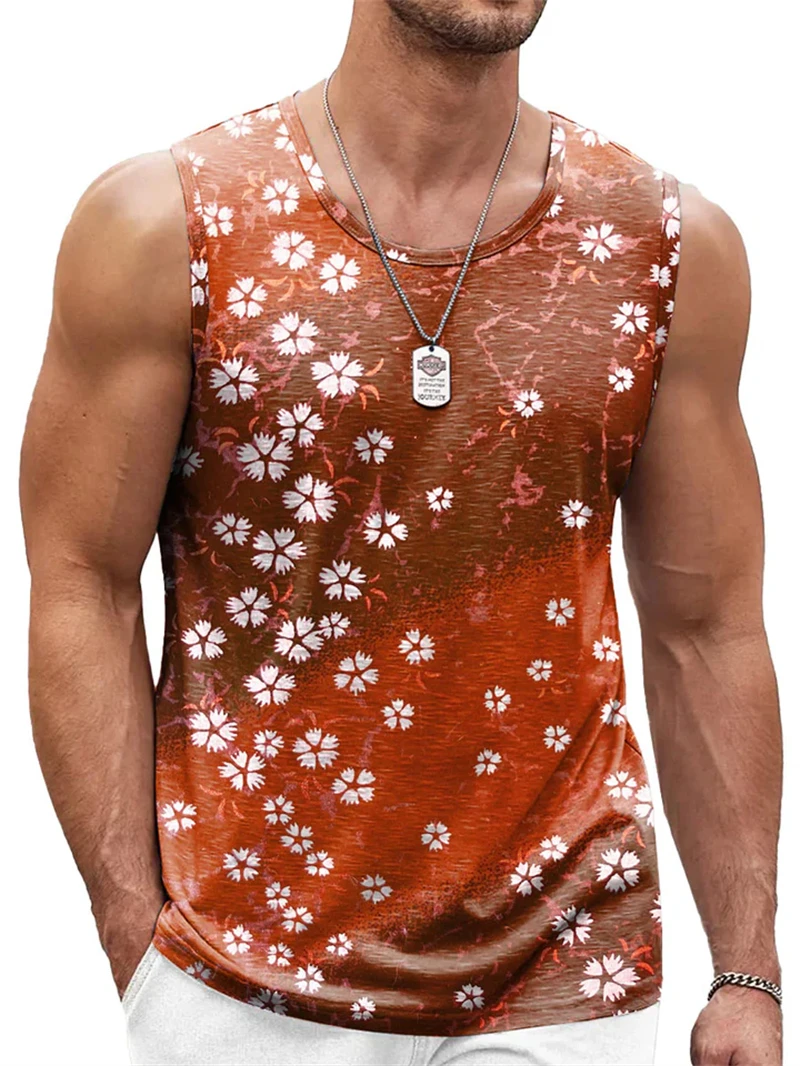 Mens Retro Floral 3D Printed Tank Top Summer Casual Streetwear Crew Neck Sleeveless Vest Trend Oversized Breathable Tees Tops