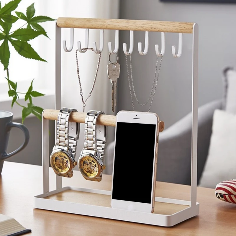 Wooden Bracelet Jewelry Organizer Stand Two-Layer Desktop Mobile Phone Earring Watch Key Holder Pesentoir Display Rack