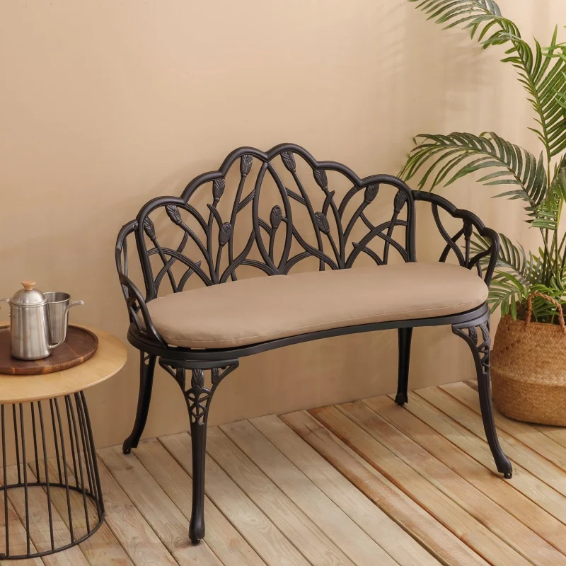 #Tulip Patio Garden Bench Metal Park Bench Cast Aluminum Outdoor Furniture With Floral Rose For Patio,Park,Lawn,Black