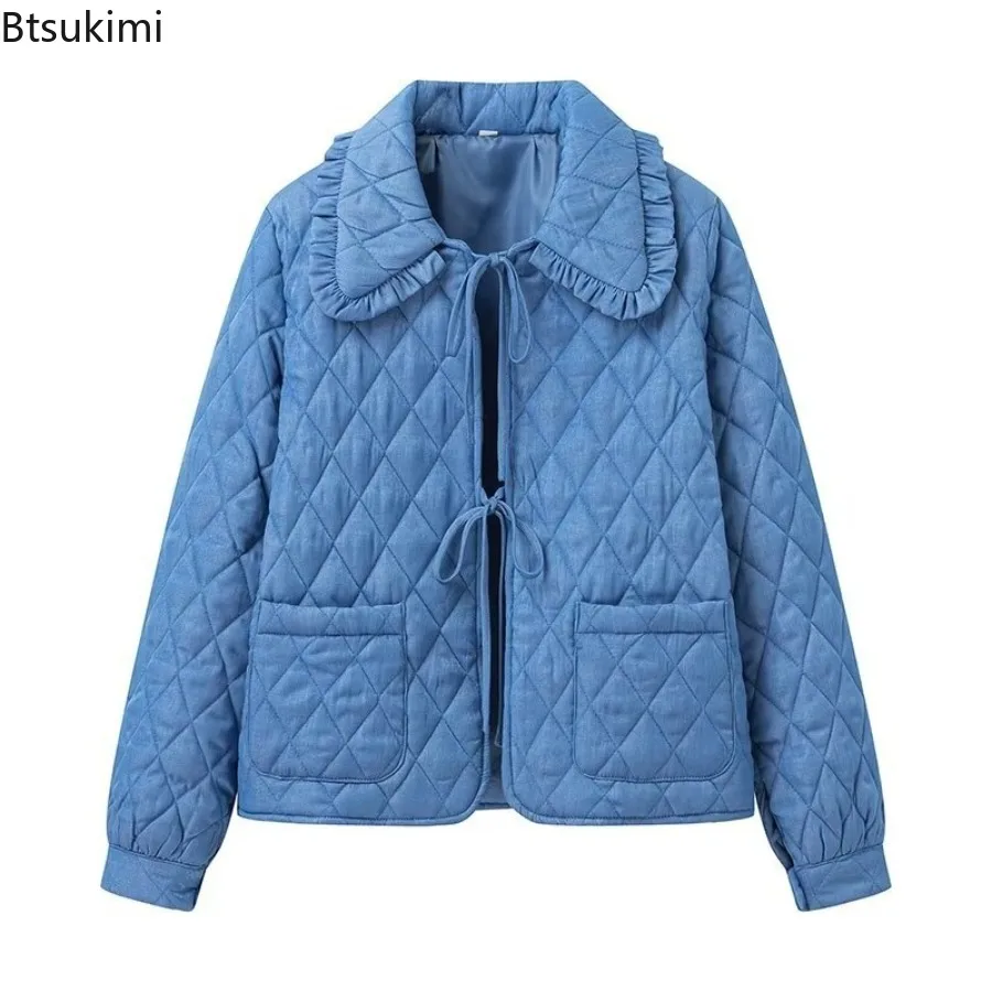 Woman Fashion Solid Turn Down Collar Loose Cotton Jacket 2025 Female High Street Argyle Warm Jackets Girls Casual Lacing Outwear