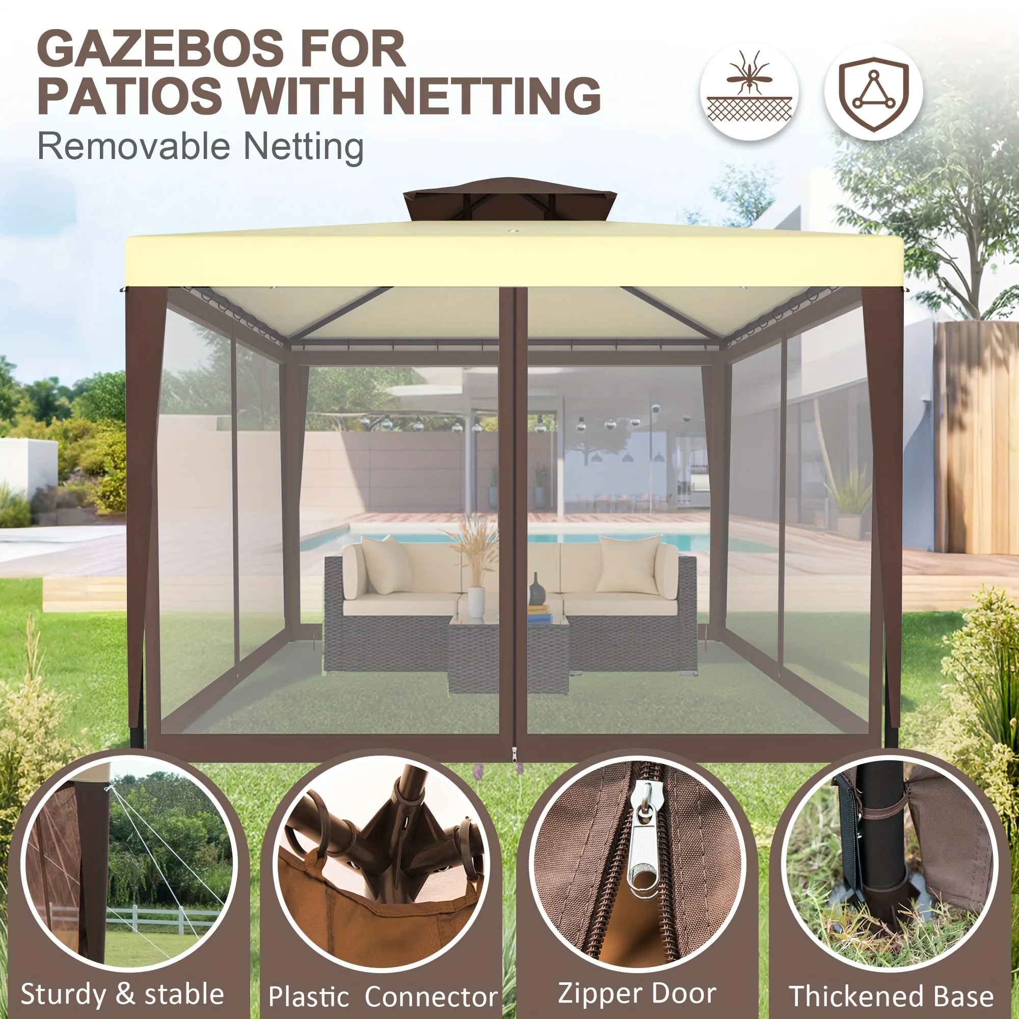 10'x10' Gazebo Tent With Mosquito Netting Quick Set Up, Outdoor Canopy, 100 Square Feet Of Shade For Patio, Garden, Backyard