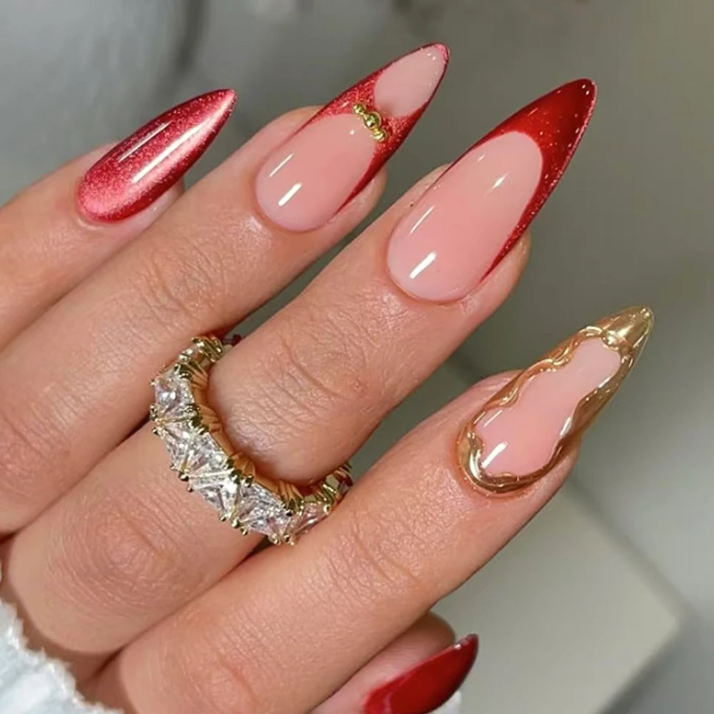 

3D Gold Edge Red Cat Eye French Glitter Wearable Nail Art Fashion Shiny Fake Nail Detachable Finished False Nails Press on Nails