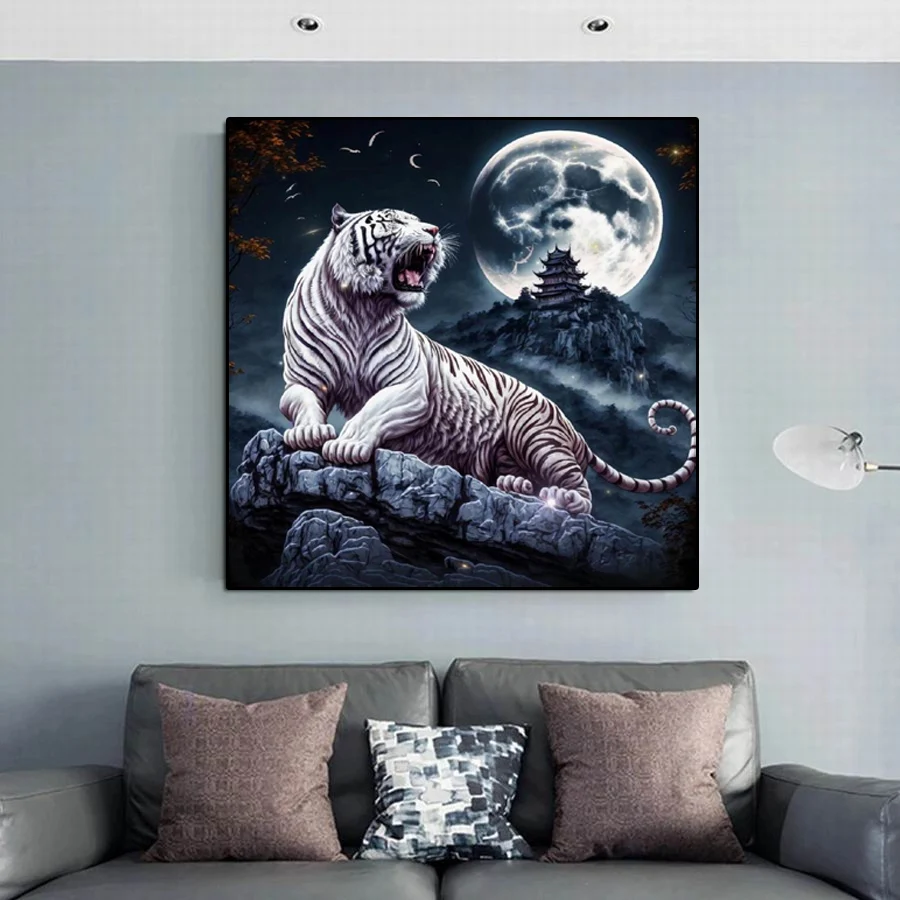 5D Diy Diamond painting Moon White Tiger Mountain Full Square Round Rhinestone Picture Animals Mosaic Arts Wall Decor AA5325