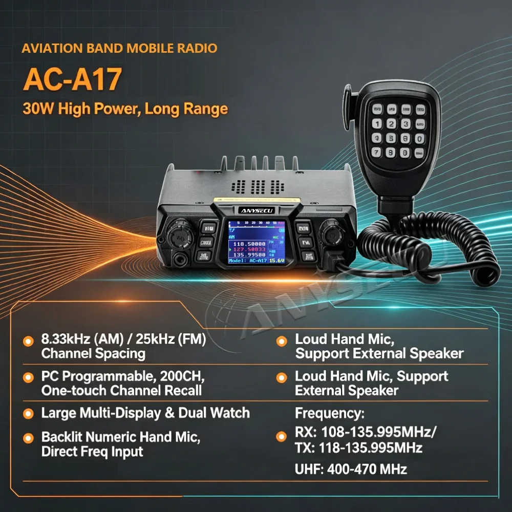 ANYSECU AC-A17 30W Aviation Band UHF Mobile Radio AM FM 200CH 8.33KHz 25KHz Dual Watch PC Programmable Backlit Numeric Hand Mic