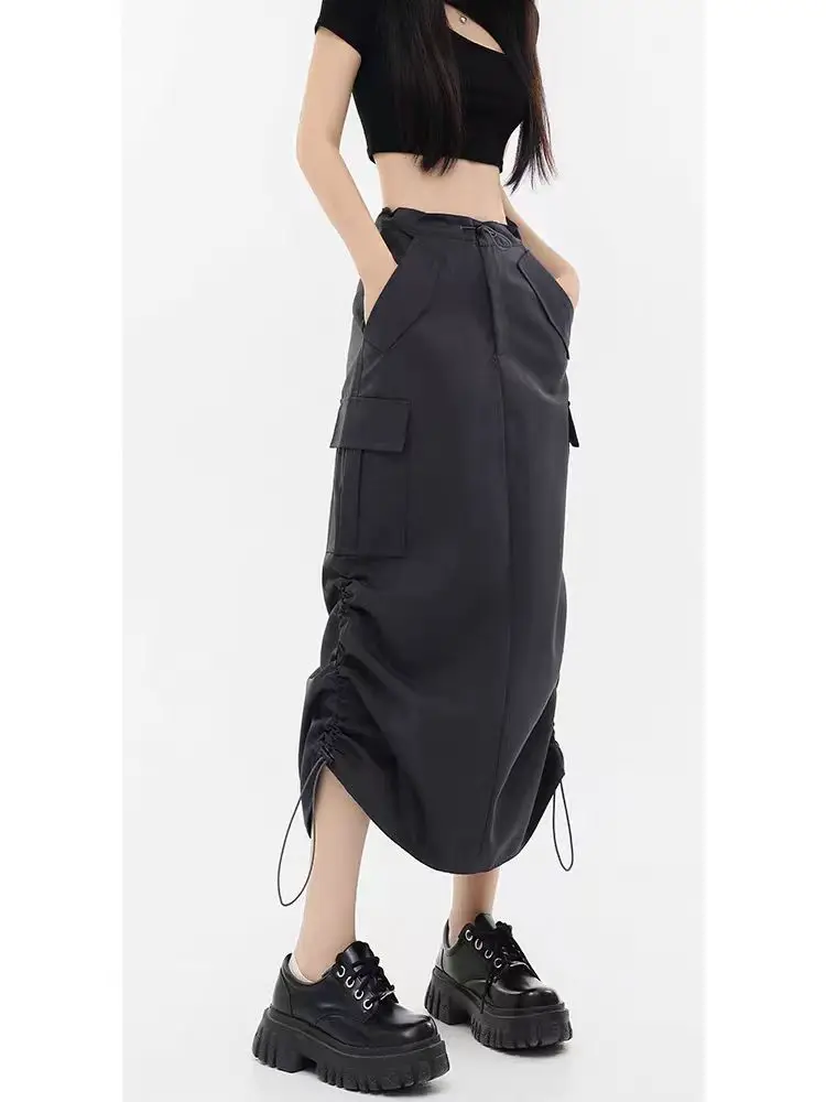 plus Size American Workwear  Skirt Women Spring Autumn New Street Retro Side Drawstring Slit A-Line Long Skirts