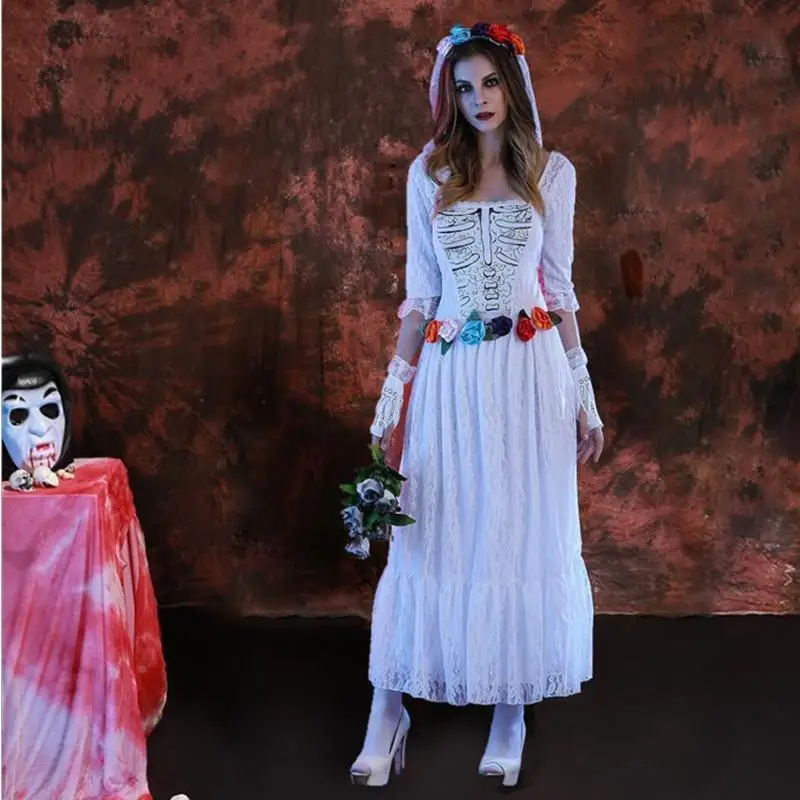 

Queen Bar Performance White Zombie Bride Costume Long Skirt Halloween Role Play Gift Stage Ethnic Women's Fashion Clothing