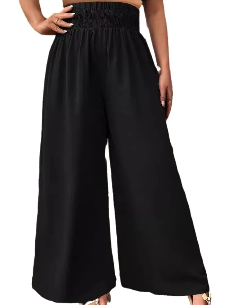 Plus Size Summer Elastic High Waist Long Pant Women Casual Fashion Loose Ladies Trousers Ruffle Pleated Woman Wide Leg Pants