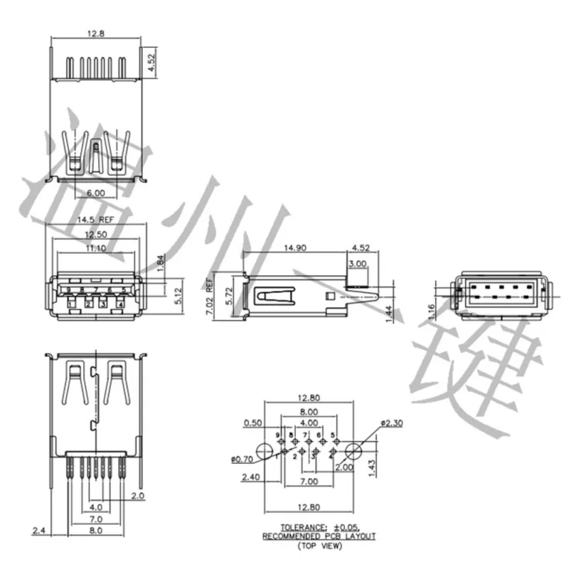 10pcs USB 3.0TYPE A female DIP 180 degrees Connector  9-pin vertical straight plug without edge Angled female seat image 2