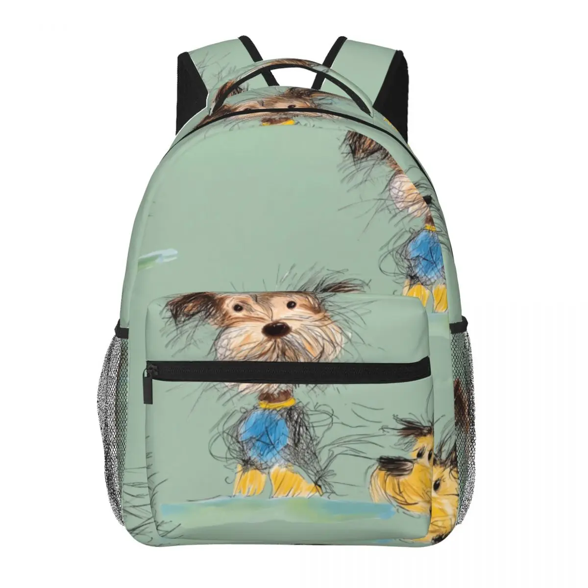 Aesthetic School Backpack Tossed Sketch Dogs Playful Doodle Soft Green Blue Yellow Sweet Bookbag for Girls Teens Daily School