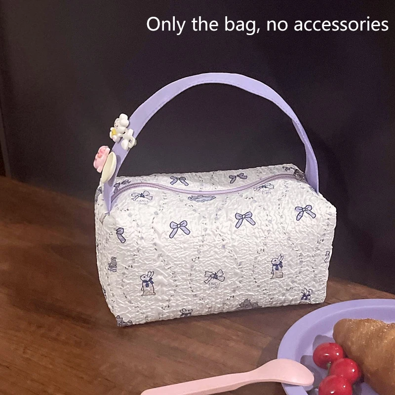 Sweet Cute Bubble Purple Bow Bunny Large Capacity Cosmetic Bag Portable Hand-held Travel Makeup Pouch for Women Storage Gift