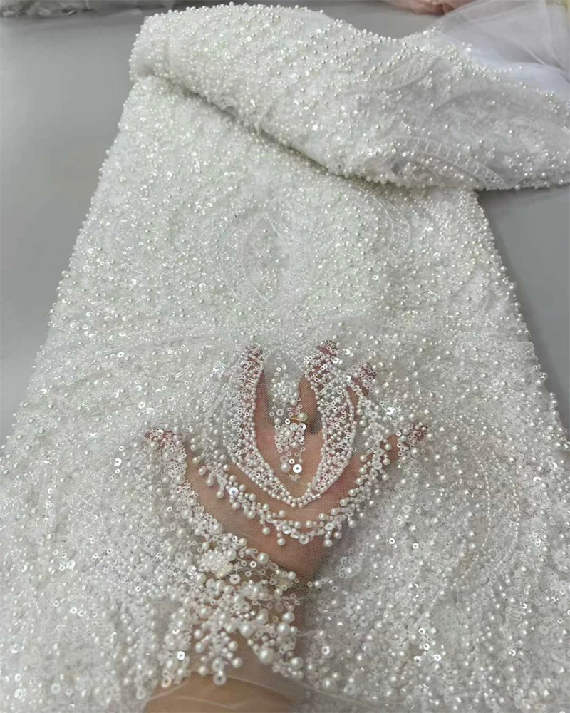

African French Sequined Lace Fabric High Quality Beaded Embroidered Dress Material for Party Sewing Nigerian Groom Style 2025