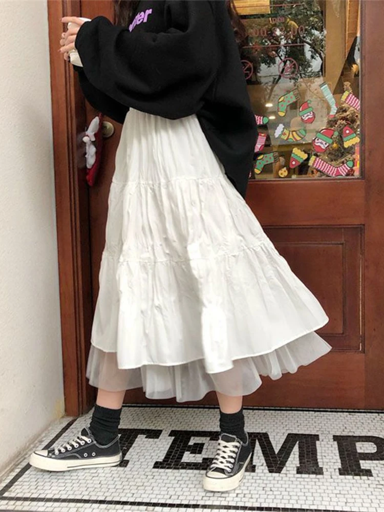 Długie tiulowe spódnice midi damskie jesienne elastyczne, wysokiej talii siatkowe spódnice Tutu plisowane kobiece czarne białe długie spódnice Streetwear