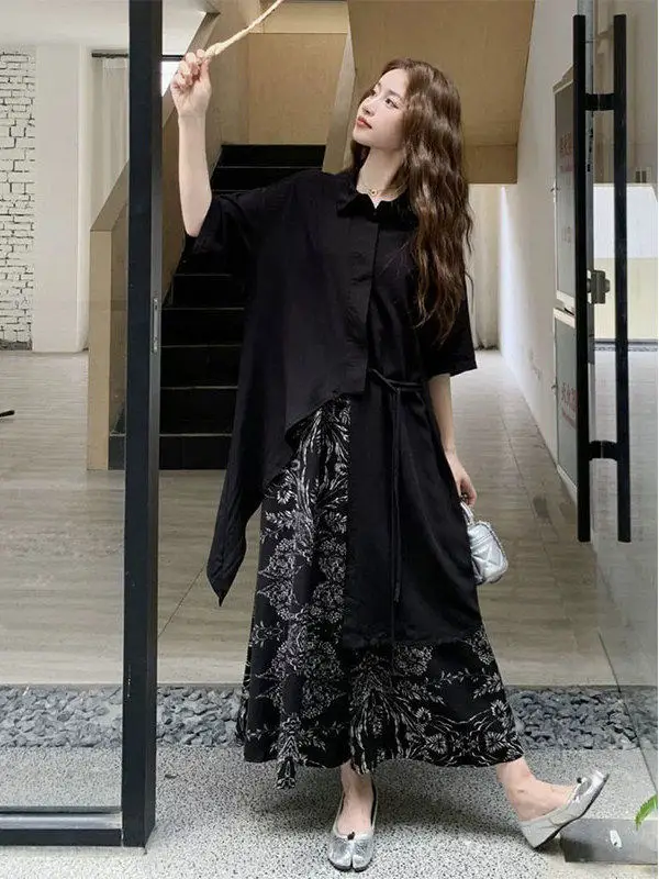 

plus Size 300 Pounds Women's T-Shirt Set Short Sleeve Irregular Belted Floral Halter Neck Loose Fit Summer Casual Outfit