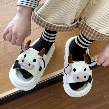 1 Pair Unisex Open-toed Cow Slippers-Non-slip Indoor Shoes Spring and Fall Kawaii Comfortable and Lovely Family Shoes