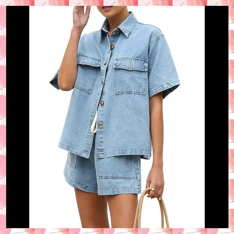 

Женская джинсовая одежда из двух предметов, рубашка на пуговицах с короткими рукавами, шорты на шнурке, комплект повседневных джинсовых нарядов