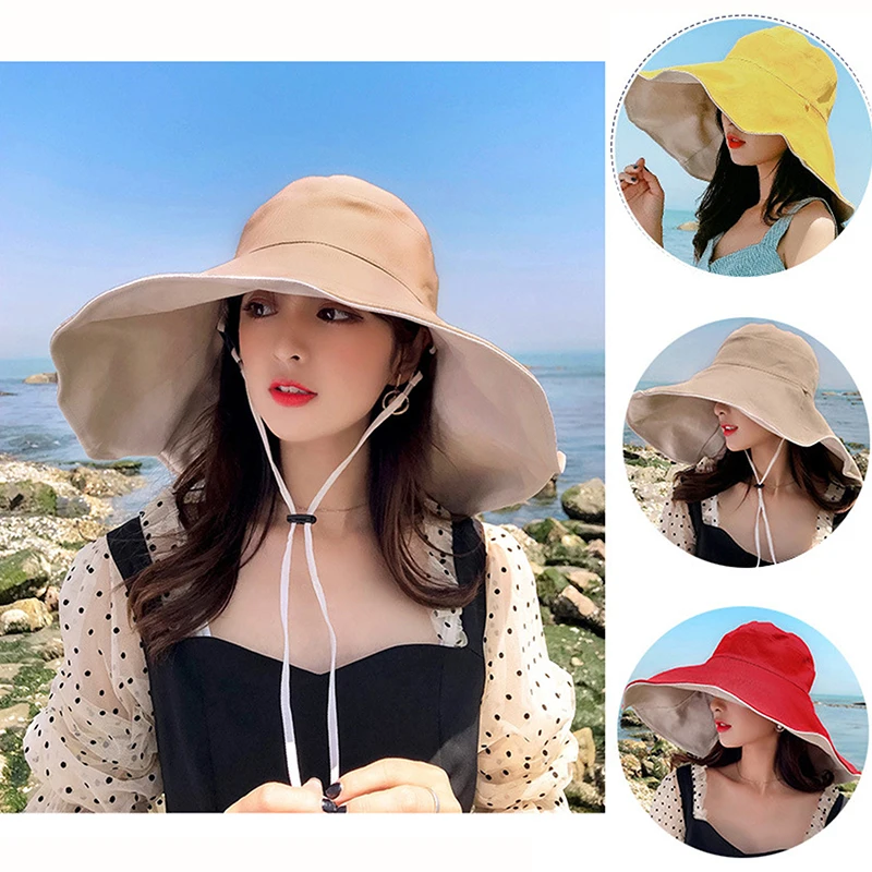 New Fashion Extra Large Brim Double Layer Fisherman Hat Women Summer UPF50+ Contrast Color Hiking Sun Beach Hat