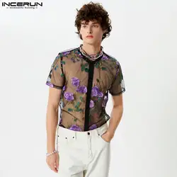 INCERUN-camisa de malla transparente para hombre, ropa informal Sexy de manga corta con cuello redondo, bordada, S-5XL de moda, 2024