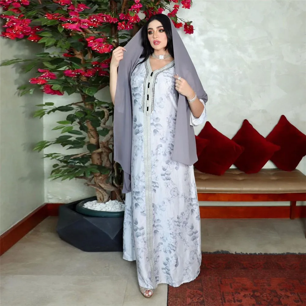 

2024 New Spring Floral Print Muslim Abaya Dress Women Modest Dubai Arabic Turkey Morocco Kaftan Islamic India Gown Robe Vestidos