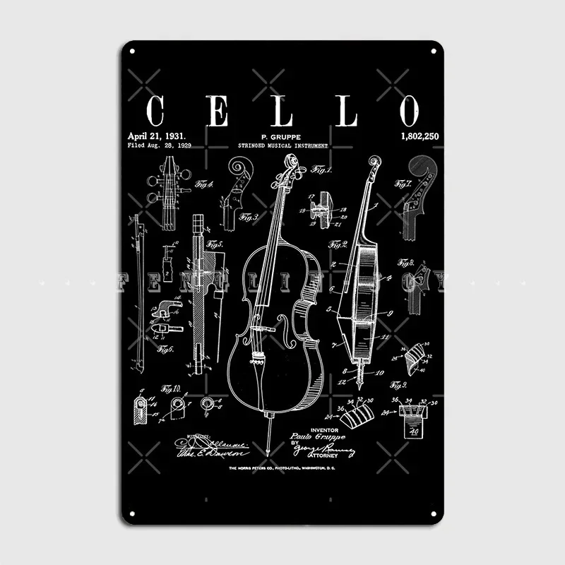Cello Vintage Patent Cellist Drawing Print Metal Sign Painting Décor Club Bar Custom Cinema Garage Tin Sign Poster