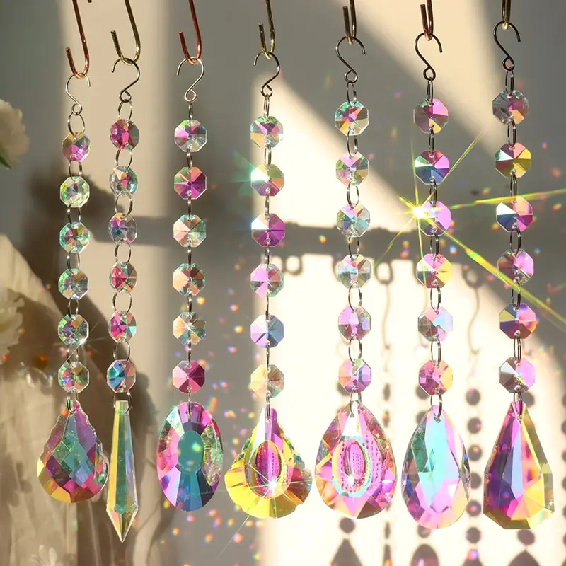 Crystal Windchime Light Pendant Suncatcher Crystal Ball Rainbow Maker Metal Chandelier Prism Pendant Hanging Glass Home Garden