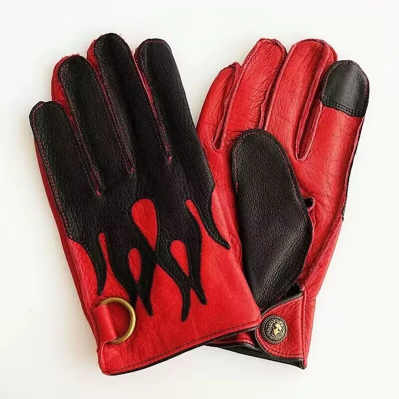 Deer Skin Flame Genuine Leather Gloves for Riding Motorcycles and Driving Cars Warm and Thick Winter Gloves for Men Women