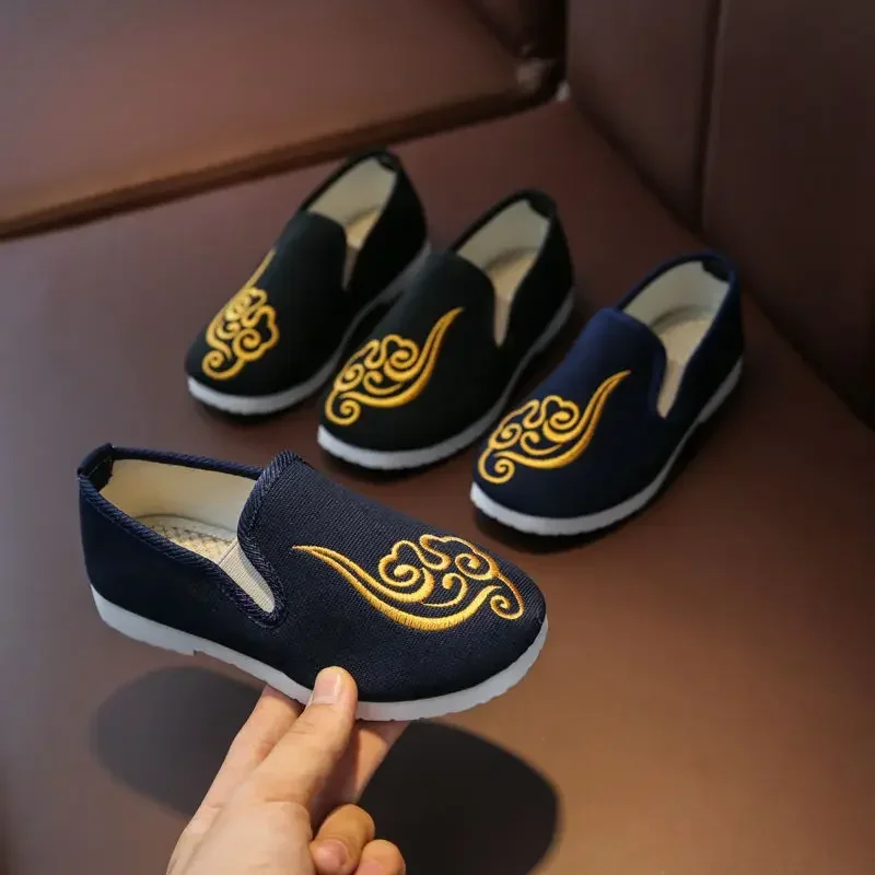 Children's Hanfu Handmade Shoes Chinese Traditional Black Embroidered Shoes Boys Vintage Soft Bottom Old Beijing Cloth Shoes