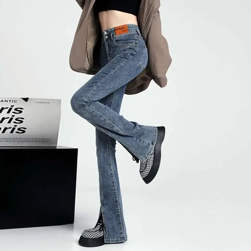 

Джинсы Sizzle с высокой талией и разрезом, женские весенние новые эластичные облегающие джинсы Cleanfit, ткань из искусственной кожи с водной талией, черный цвет