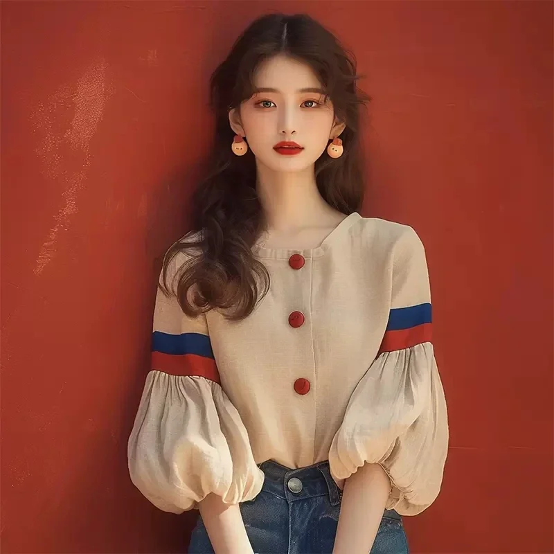 Chiffon Vintage Women\'s Shirt Spring/summer New Patchwork Korean Clothing Sales Loose Long Sleeves Top Fashion Women Blouses