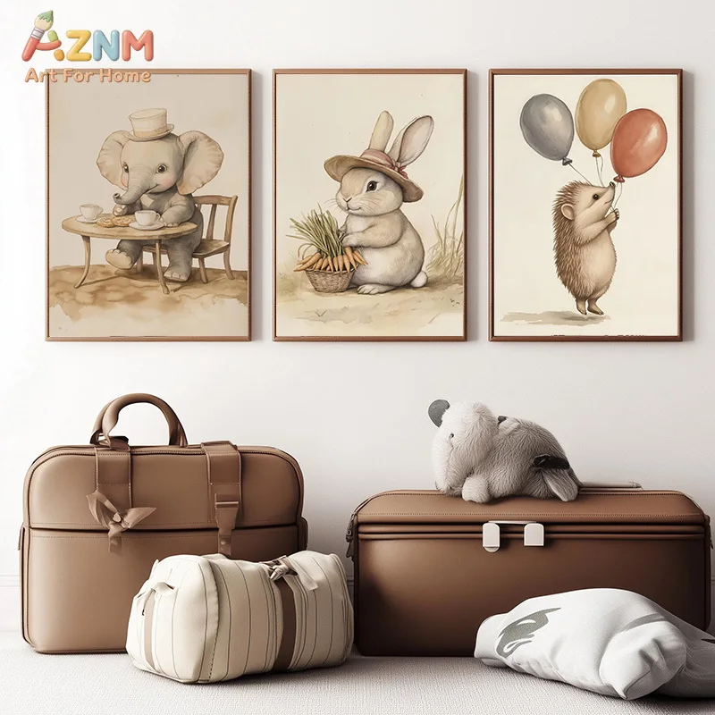 AZNM Vintage Woodland Baby Animal Canvas Wall Art Fox Bunny Elephant Print for Neutral Nursery Decor