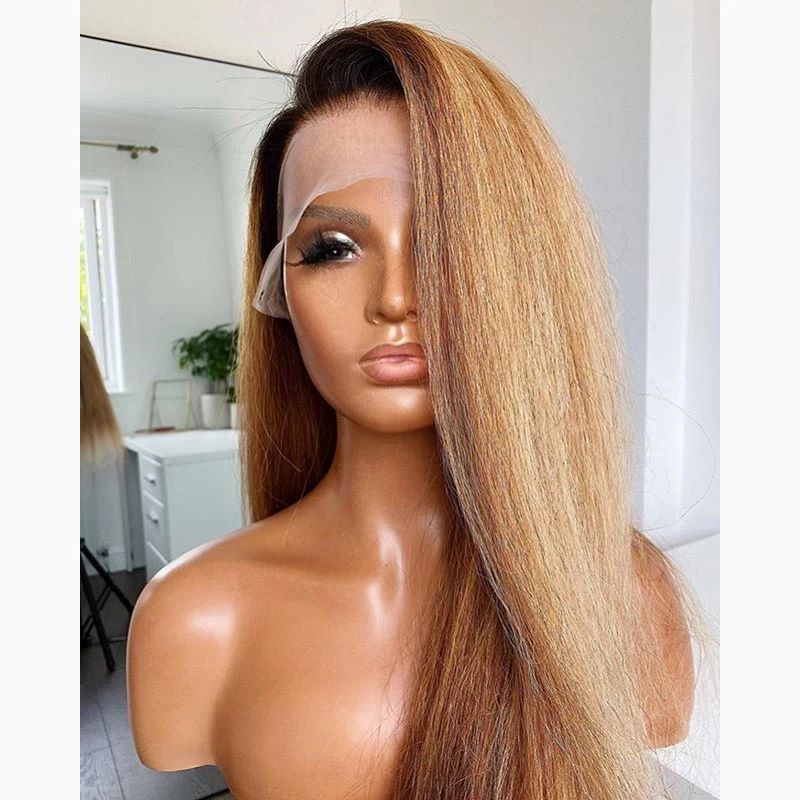 Kinky Straight Lace Front Wig para Mulheres, Glueless, Longo, Loiro, Yaki, 180 Densidade, Ombre, Cabelo do Bebê, Resistente ao Calor, Pré-arrancado, Diariamente, 26"