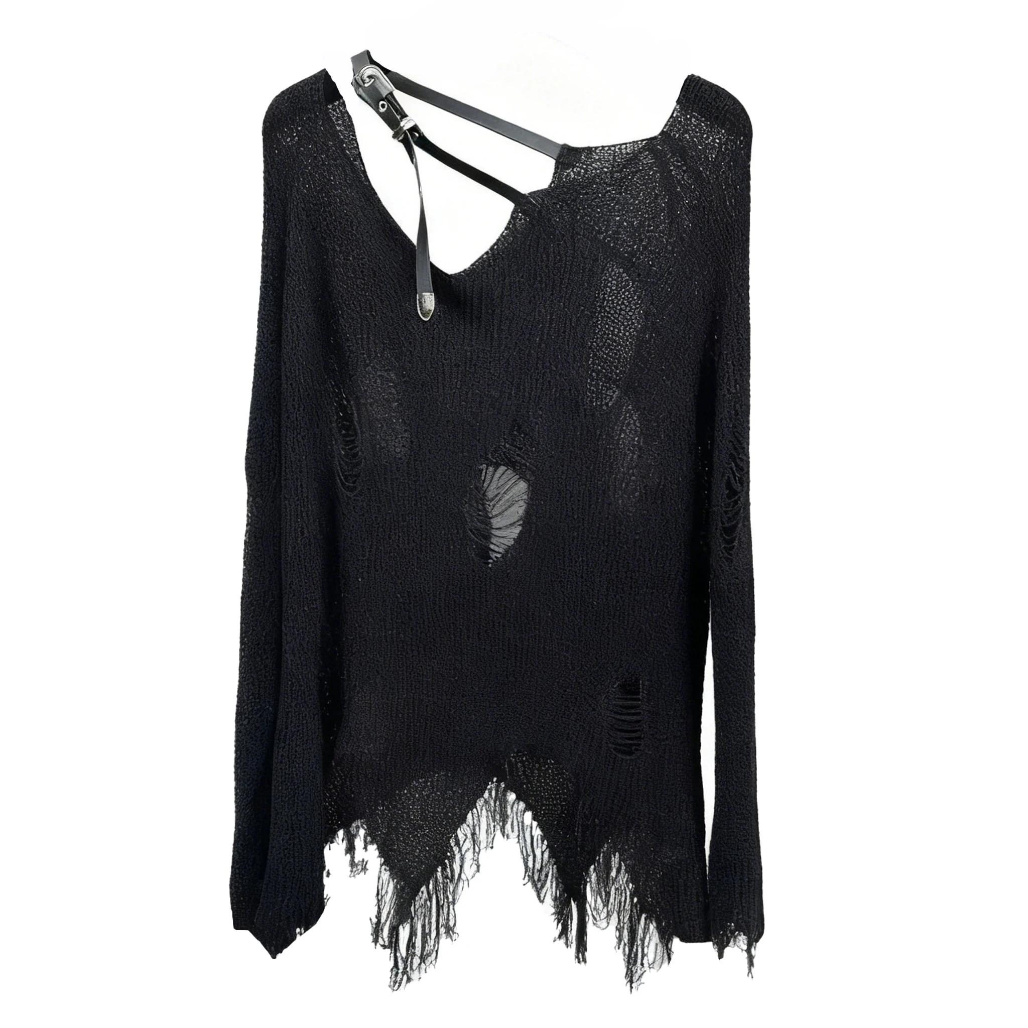 

NIGO Black Knit Sweater with Cutout Fringe Detail Adjustable Strap Long Sleeve High Comfort Top #NIGO9515Z