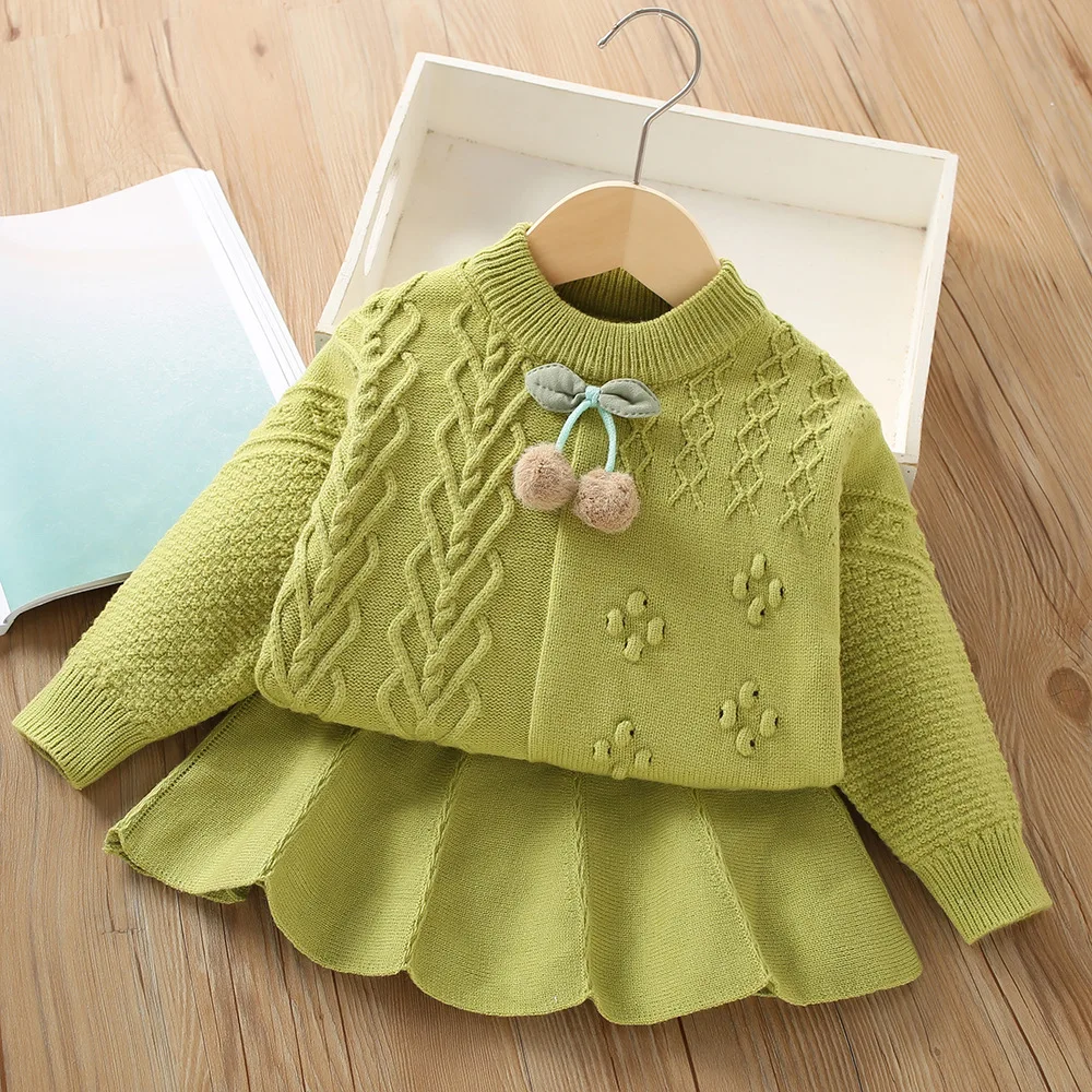 Girls Knitted Clothes Sets 2024 Spring Autumn Children Cweaters Coats Skirts 2pcs Dress Suit For Baby Party Costume Kids Outfits