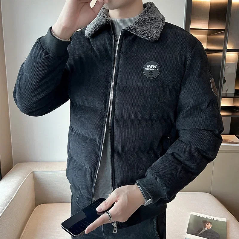 Giacca Moda Casual Giacca a vento Giacca in pile Uomo Parka Cappotto Maschile Tinta unita Parka antivento Collo di pelliccia Parka di velluto a coste caldo