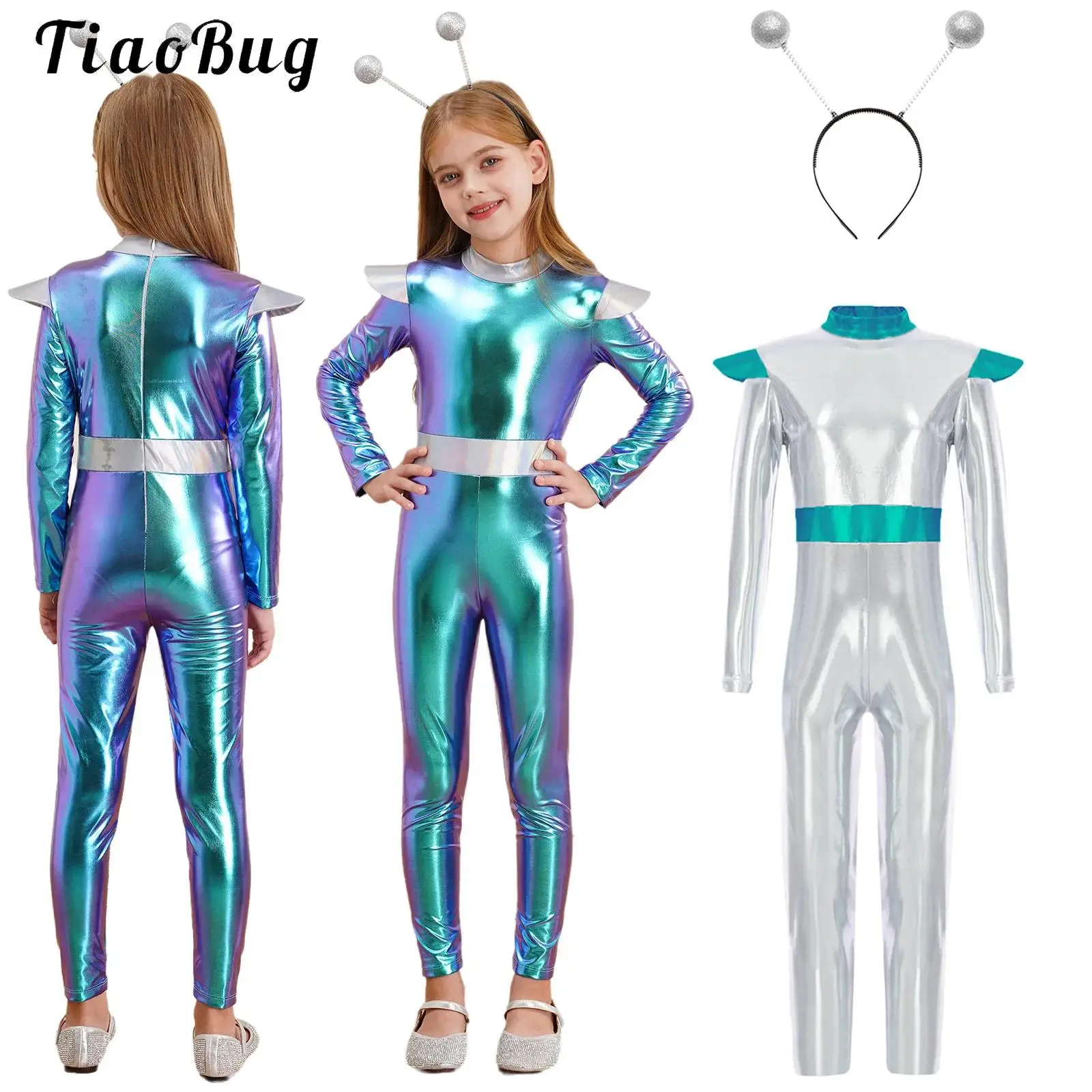 Shiny Alien Role-Playing Jumpsuit for Kids Girls Halloween Outerspace Space Man Astronaut Cosplay Bodysuit Stage One Piece Suit