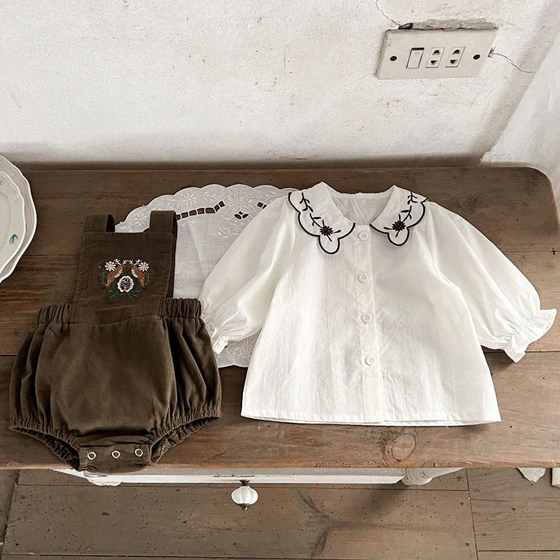 

Toddler Clothes Set Infant Set Autumn Baby Girls Suit Solid Cotton Fashion Square Neck Embroidery Flower White Shirt+Romper Set