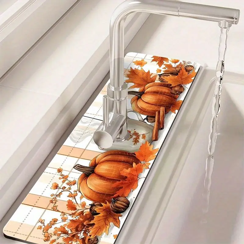 VIKAMA Fall Pumpkin Cinnamon Faucet Mat Plaid Maple Leaf Absorbent Sink Splash Catcher Kitchen Counter Protector Autumn Decor
