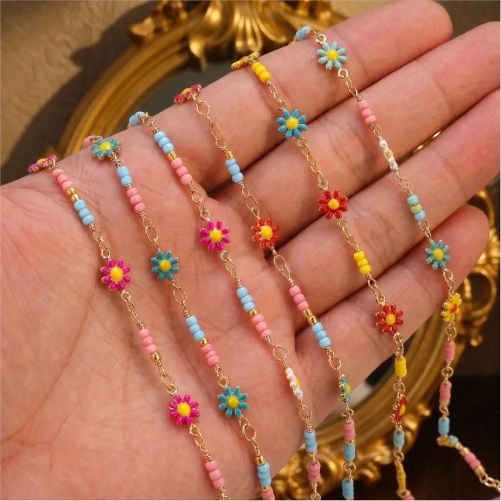 1Meter 7x12.5mm Bohemian Cute Daisy Copper Enamel Chain For Jewelry Making Sun Flowers Link Chain DIY Necklace Bracelet Supplies