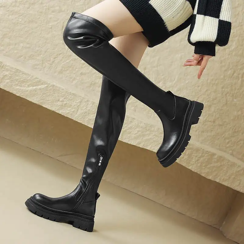 Krazing Pot 2025 Cow Leather Round Toe Thick Bottom Winter Keep Warm Modern Retro Zipper Platform Stretch Over-the-knee Boots