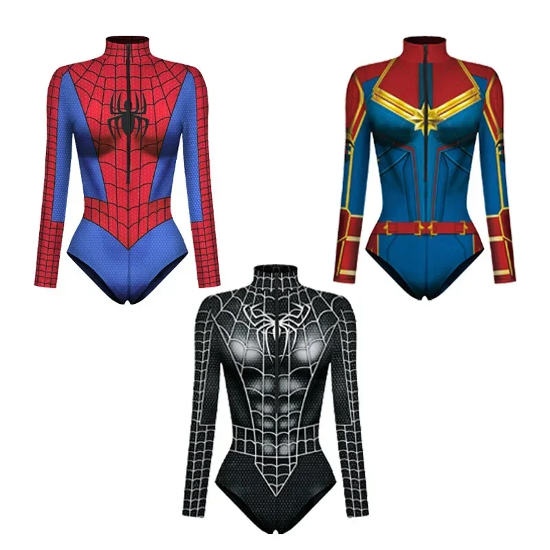 Women Spiderman Swimsuit Superhero Captain Marvel Bodysuit Anime Black Panther Cosplay Costume Long Sleeve Halloween Outfits