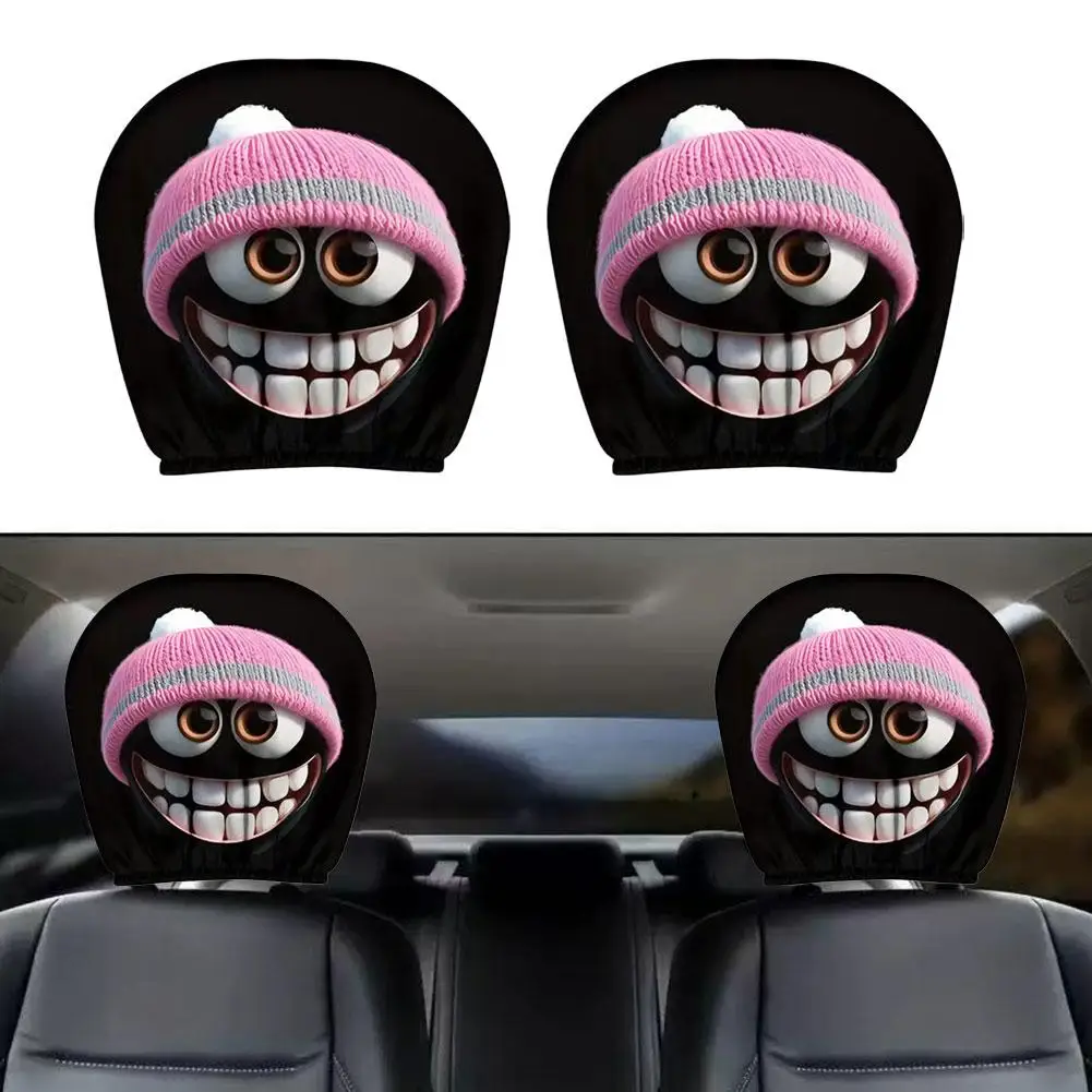 قطعتان من واقيات مسند رأس المقعد للسيارة، أغطية مسند رأس السيارة الكرتونية المضحكة، تصميم لطيف للعين - ملحقات السيارة الداخلية #2