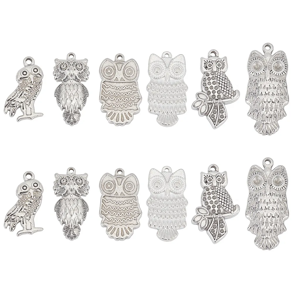 

1box 12pcs 6 style 304 Stainless Steel Pendants Owl Stainless Steel color 2pcs/style