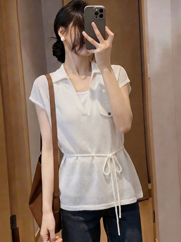 Elegant V-Neck Slim Fit Women's Shirt Thin Shoulder Korean Style Commute Fashion plus Size Summer New Arrival Top