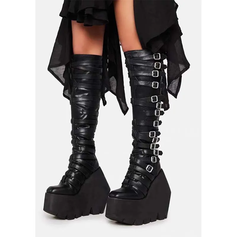 

Мотоциклетные ботинки на танкетке с пряжкой и ремнем на молнии сзади, темные сапоги до колена в стиле панк, Botines Y2K, женские высокие кеды Botas Femininas