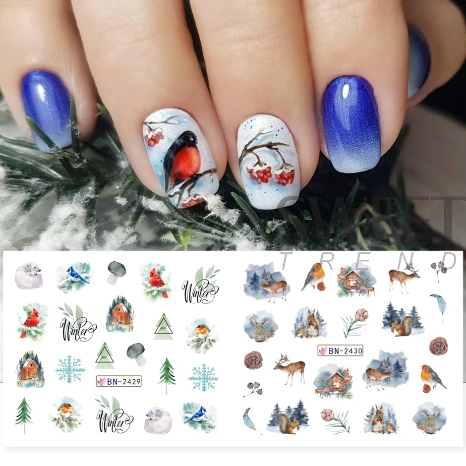 12pcs Winter Forest Styling Water Stickers For Nail Gradient Snowflake Bird Elk Design Xmas Manicure Charm Sliders LYBN2425-2436