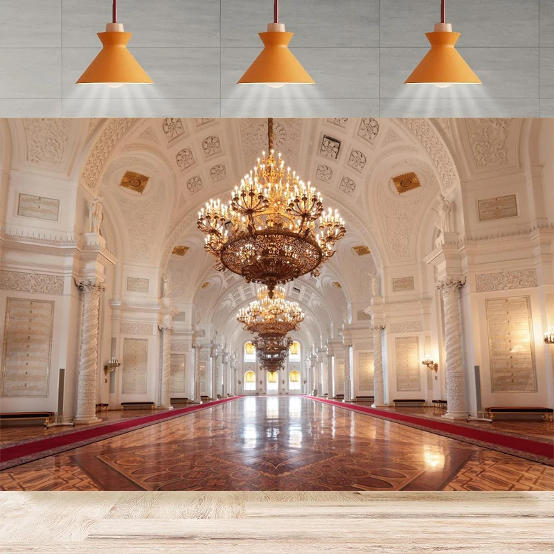 Luxurious Palace Photography Backdrop Palace Hall Ballroom Chandeliers Royal Noble Wedding Background Party Backdrop Wall Banner