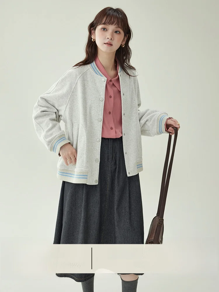 

AMUU Original Color Blo Baseball Jaet Women's Loose Long Sve Button up Outerwear Anti-Aging Faion Commute Sle