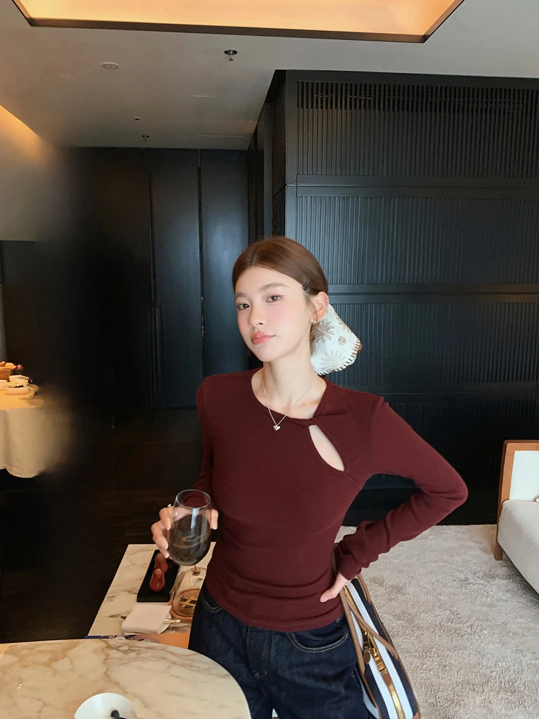 

Sweet Desire Knitted T Long Sve Slim Fit round Ne Twist Hollow out Cotton Blend Women's Summer Top Ele Sle